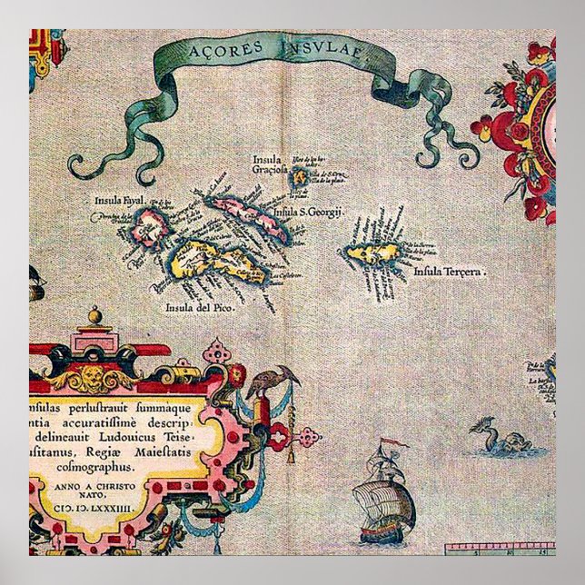 Póster Mapa Antiguo de Azores - Exploración de Navegación (Frente)