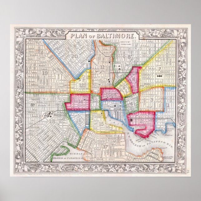 Póster Mapa antiguo de Baltimore, 1860 (Frente)