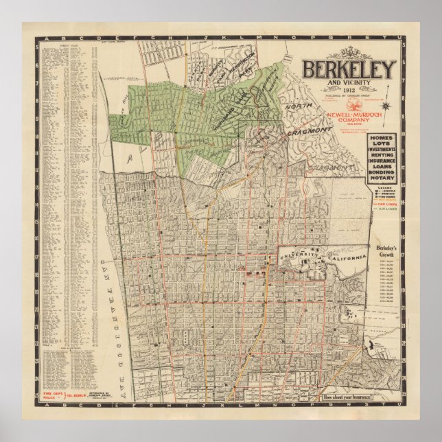 Póster Mapa antiguo de Berkeley CA (1912) (Frente)