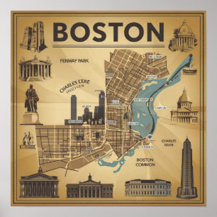 Póster Mapa Antiguo de Boston Massachusetts, Mapa de Bost