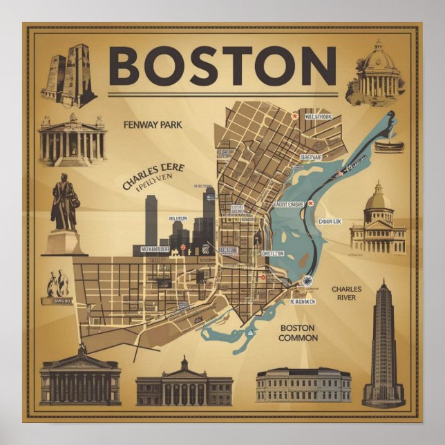 Póster Mapa Antiguo de Boston Massachusetts, Mapa de Bost (Frente)