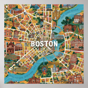 Póster Mapa Antiguo de Boston Massachusetts, Mapa de Bost