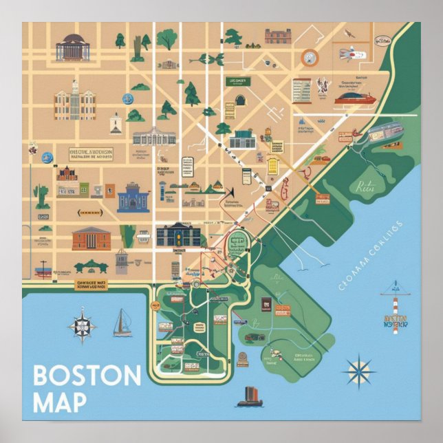 Póster Mapa Antiguo de Boston Massachusetts, Mapa de Bost (Frente)