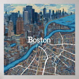 Póster Mapa Antiguo de Boston Massachusetts, Mapa de Bost