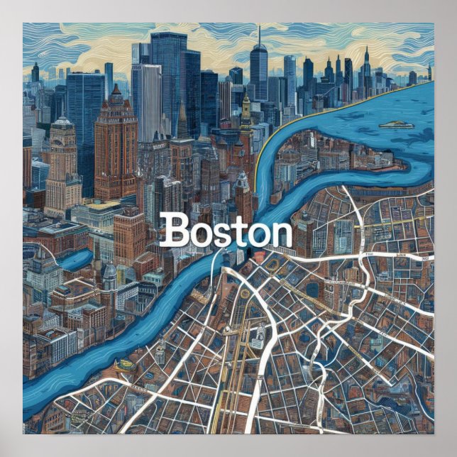 Póster Mapa Antiguo de Boston Massachusetts, Mapa de Bost (Frente)