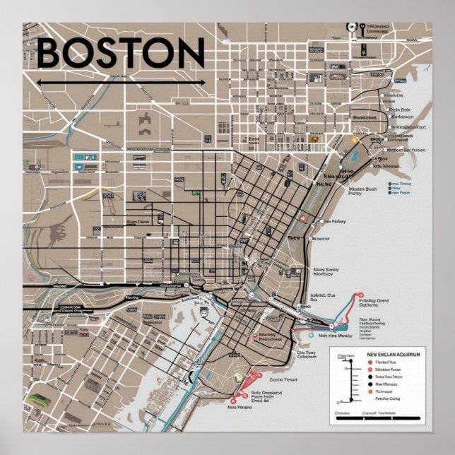 Póster Mapa Antiguo de Boston Massachusetts, Mapa de Bost (Frente)