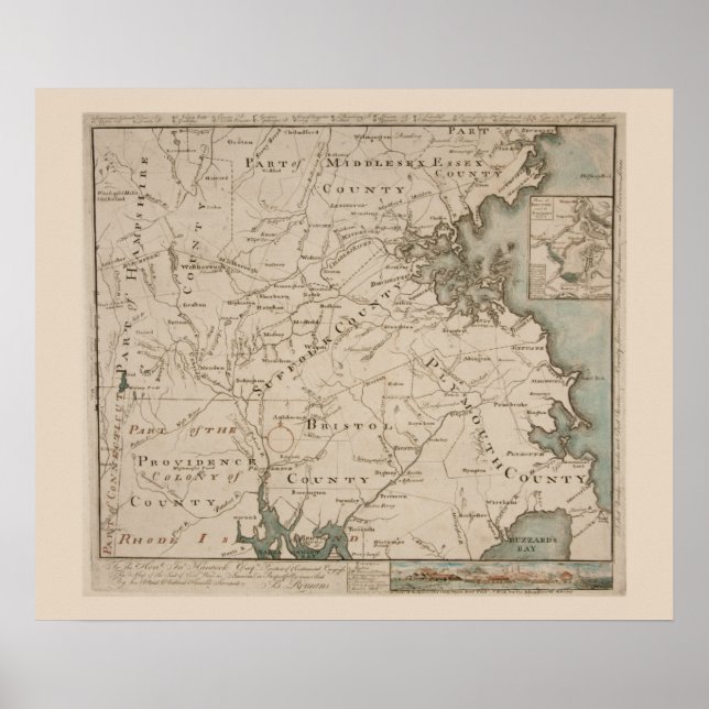 Póster Mapa antiguo de Boston y sus alrededores 1775 (Frente)