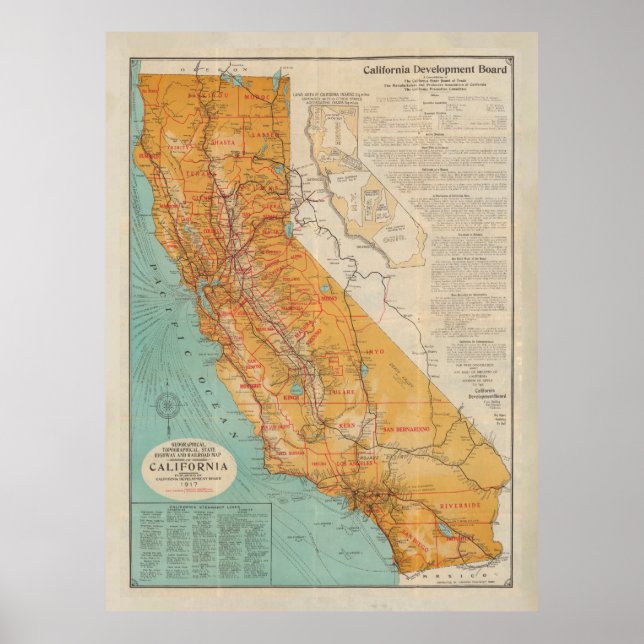 Póster Mapa antiguo de California (1917) Viejo estado dor (Frente)