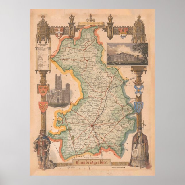 Póster Mapa antiguo de Cambridgeshire Reino Unido (1843) (Frente)
