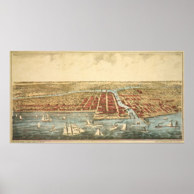 Póster Mapa Antiguo de Chicago, Calle LaSalle y Río (Frente)