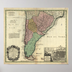 Póster Mapa antiguo de Chile y de Paraguay 1733