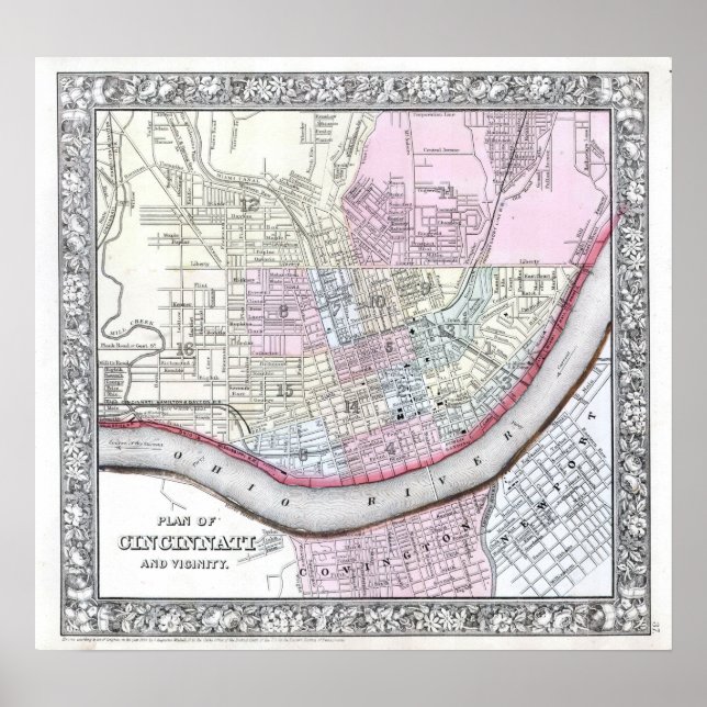 Póster Mapa antiguo de Cincinnati, 1864 (Frente)