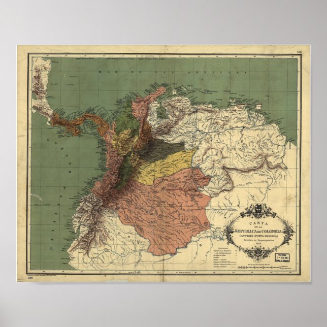 Póster Mapa antiguo de Colombia - Panamá 1886 (Frente)