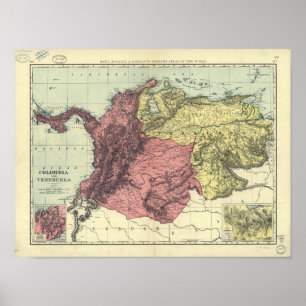 Póster Mapa antiguo de Colombia y Venezuela 1898