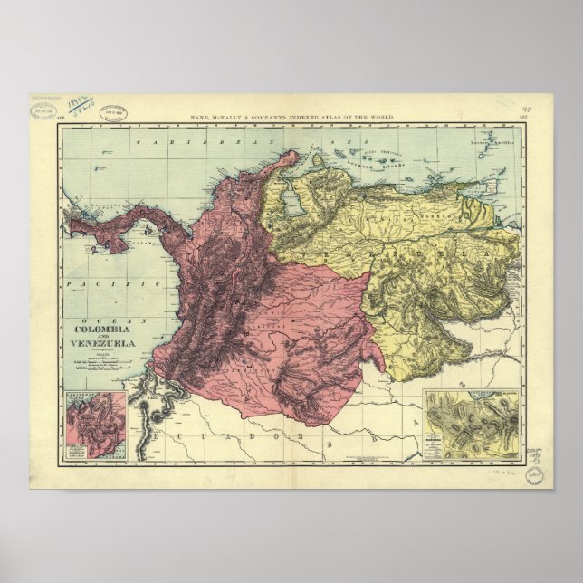 Póster Mapa antiguo de Colombia y Venezuela 1898 (Frente)