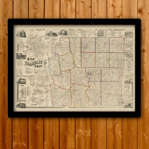 Póster Mapa antiguo de Columbus, Condado de Ohio y Frankl