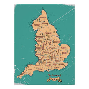 Póster Mapa antiguo de condados de Inglaterra