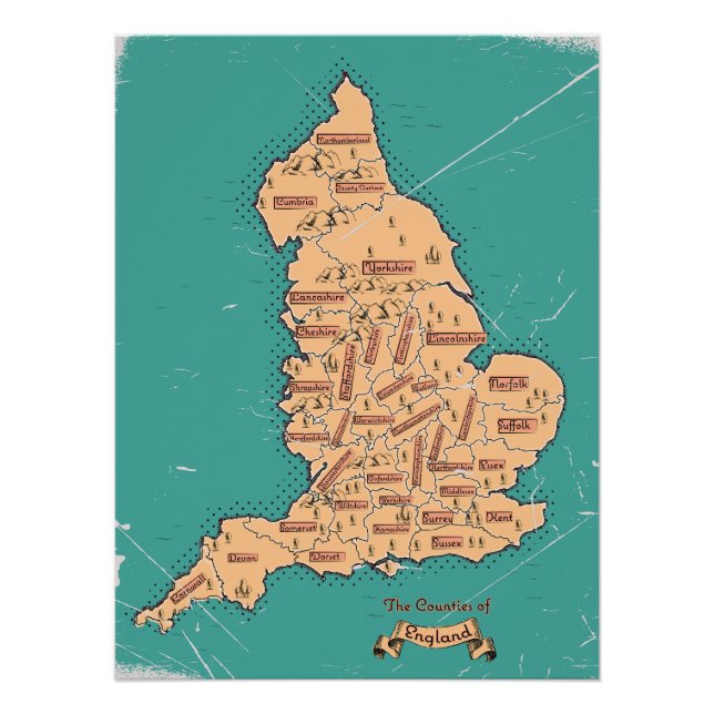 Póster Mapa antiguo de condados de Inglaterra (Anverso)