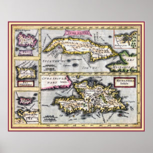 Póster Mapa antiguo de Cuba, Haití, islas caribeñas