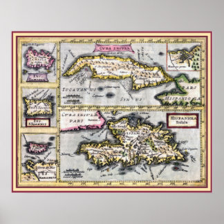 Póster Mapa antiguo de Cuba, Haití, Islas del Caribe