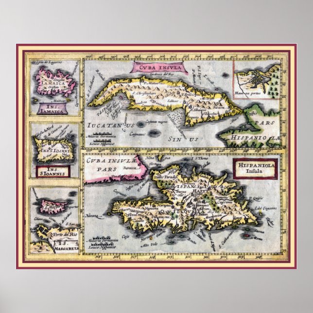 Póster Mapa antiguo de Cuba, Haití, Islas del Caribe (Frente)