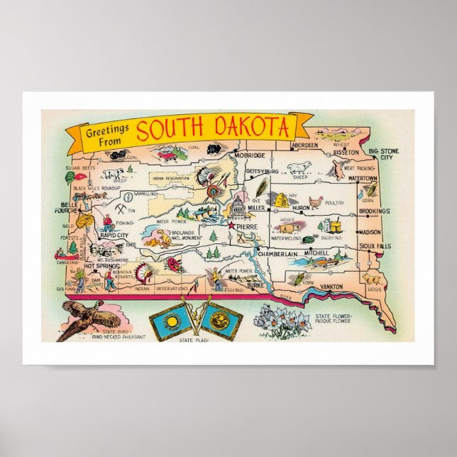 Póster Mapa Antiguo de Dakota del Sur Impreso (Frente)