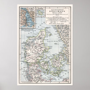 Póster Mapa antiguo de Dinamarca, Danemark, Danmark