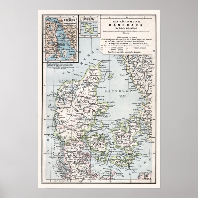 Póster Mapa antiguo de Dinamarca, Danemark, Danmark (Frente)