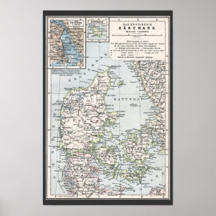 Póster Mapa antiguo de Dinamarca, Danmark en danés, 1905