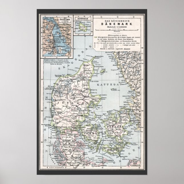 Póster Mapa antiguo de Dinamarca, Danmark en danés, 1905 (Frente)