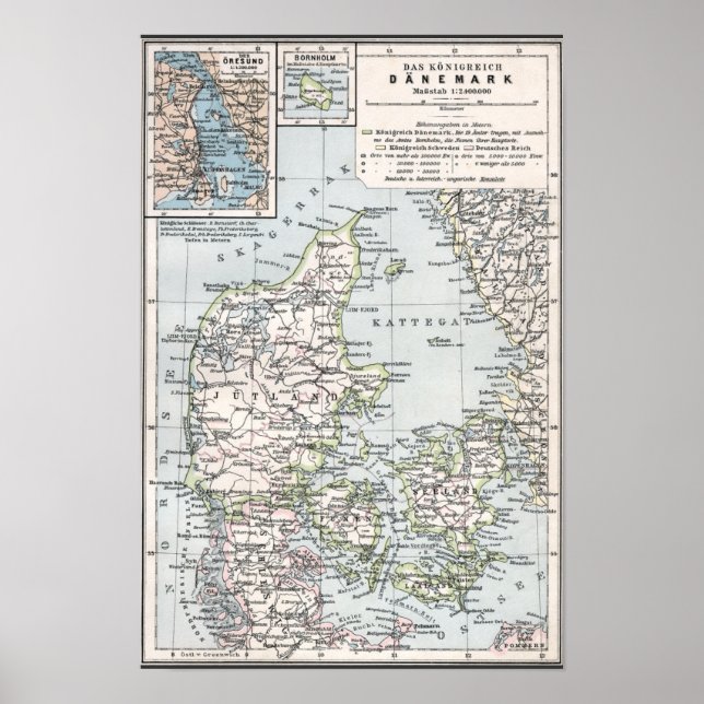 Póster Mapa antiguo de Dinamarca, Danmark en danés, 1905 (Frente)