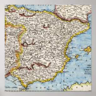 Póster Mapa antiguo de España y de Portugal circa 1700's