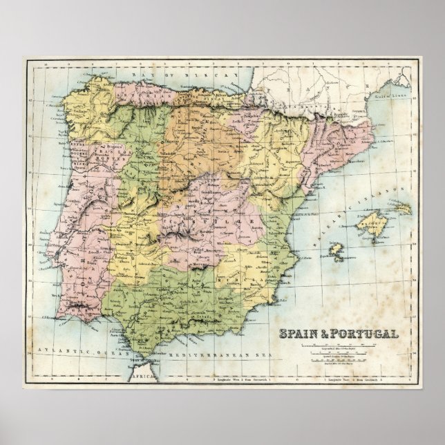 Póster Mapa antiguo de España y Portugal (Frente)