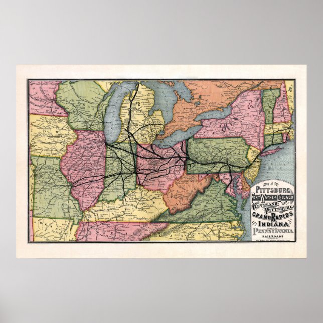 Póster Mapa Antiguo de Ferrocarriles del Noreste, 1874 (Frente)