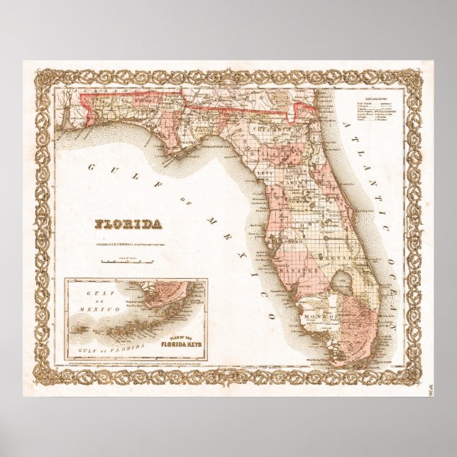 Póster Mapa antiguo de Florida de 1855 (Frente)