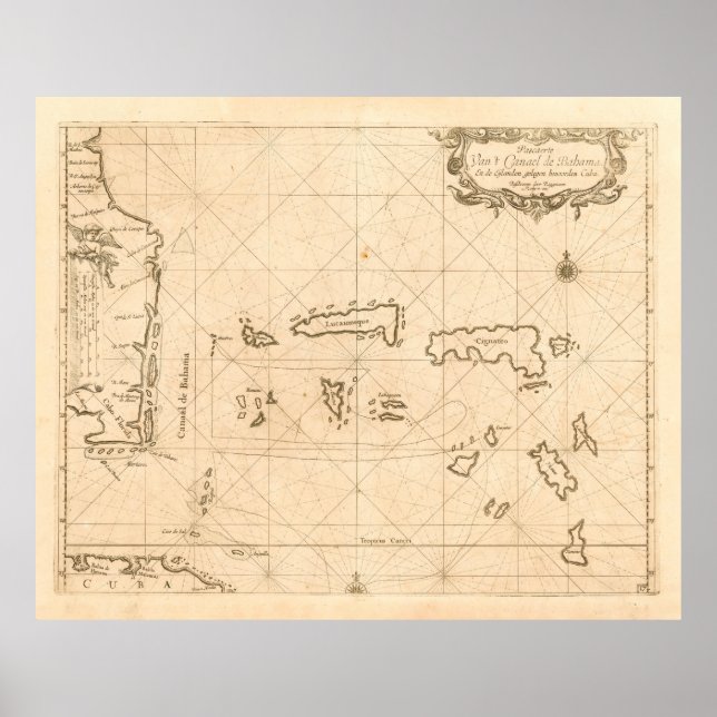 Póster Mapa antiguo de Florida y Bahamas (1680) (Frente)