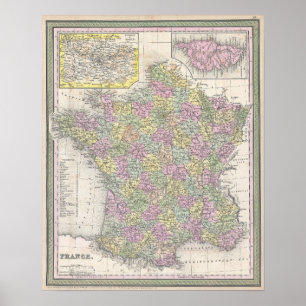 Póster Mapa antiguo de Francia, 1853