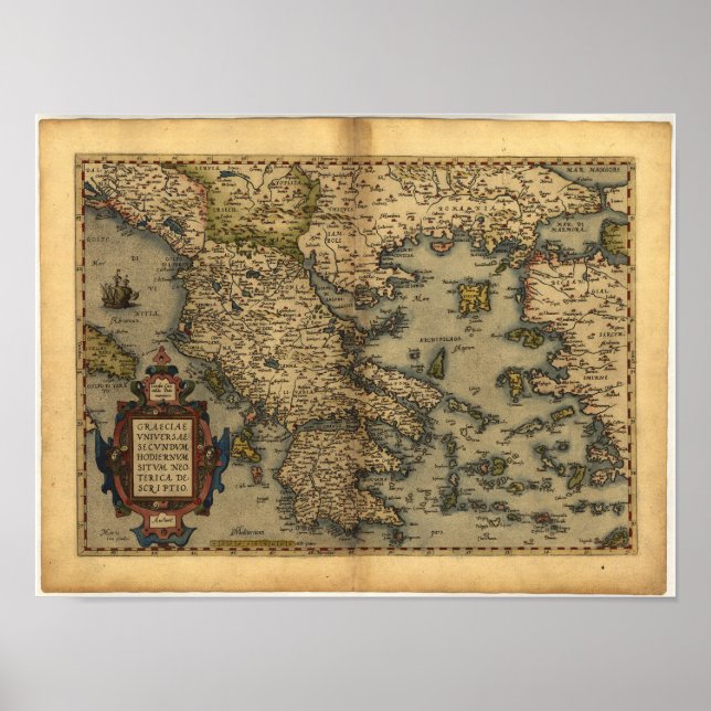 Póster Mapa antiguo de Grecia ORTELIUS ATLAS 1570 A.D. (Frente)