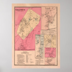 Póster Mapa antiguo de Greenwich CT (1867) de conexiones