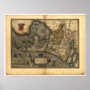 Póster Mapa antiguo de Holanda, Países Bajos 1570 A.D.