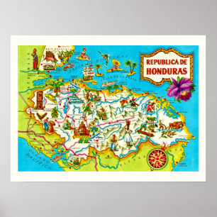 Póster Mapa Antiguo de Honduras Impreso