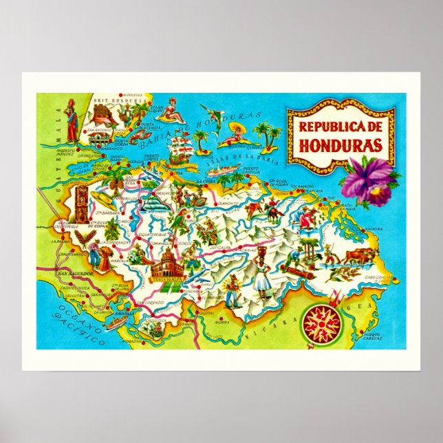 Póster Mapa Antiguo de Honduras Impreso (Frente)