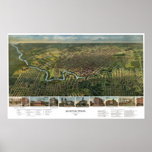 Póster Mapa Antiguo de Houston, Texas con el río Buffalo