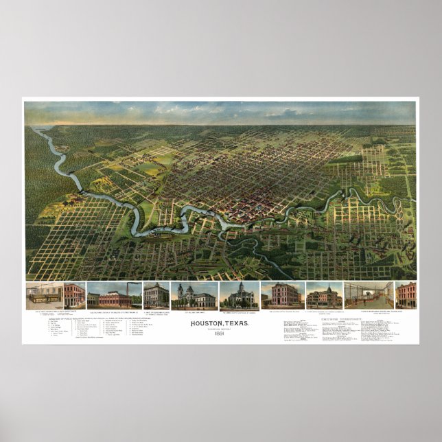 Póster Mapa Antiguo de Houston, Texas con el río Buffalo (Frente)