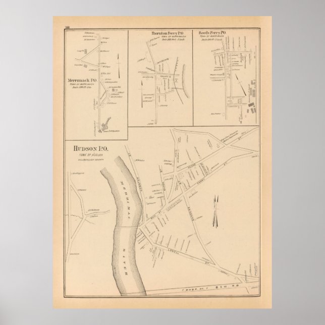 Póster Mapa antiguo de Hudson NH (1892) (Frente)