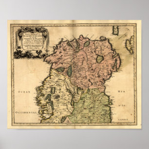Póster Mapa antiguo de Irlanda del Norte desde 1665