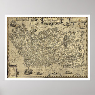 Póster Mapa antiguo de Irlanda Ortelius dibujado por