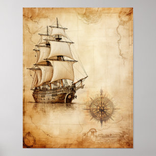 Póster Mapa antiguo de la brújula de vientos