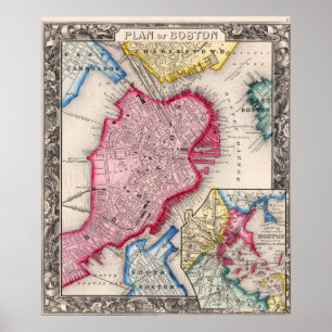 Póster Mapa antiguo de la ciudad de Boston 1860