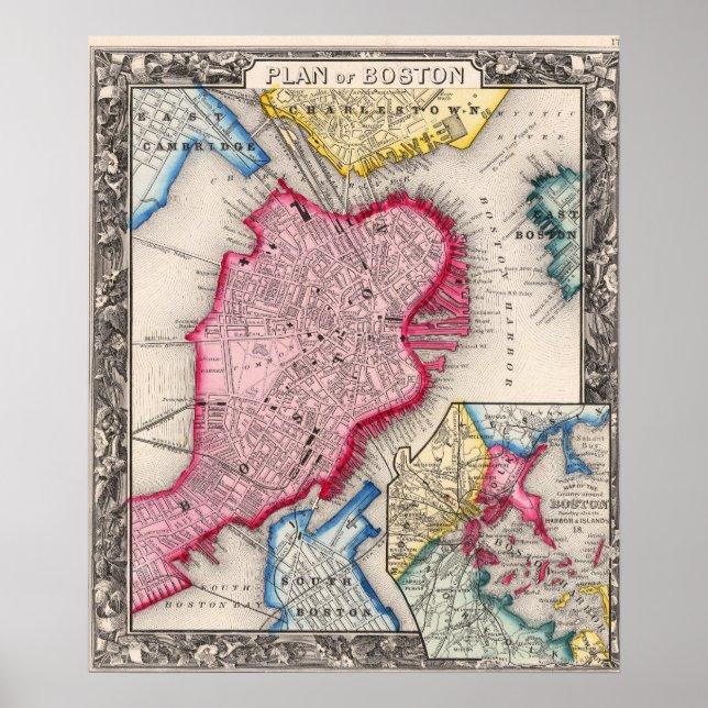 Póster Mapa antiguo de la ciudad de Boston 1860 (Frente)